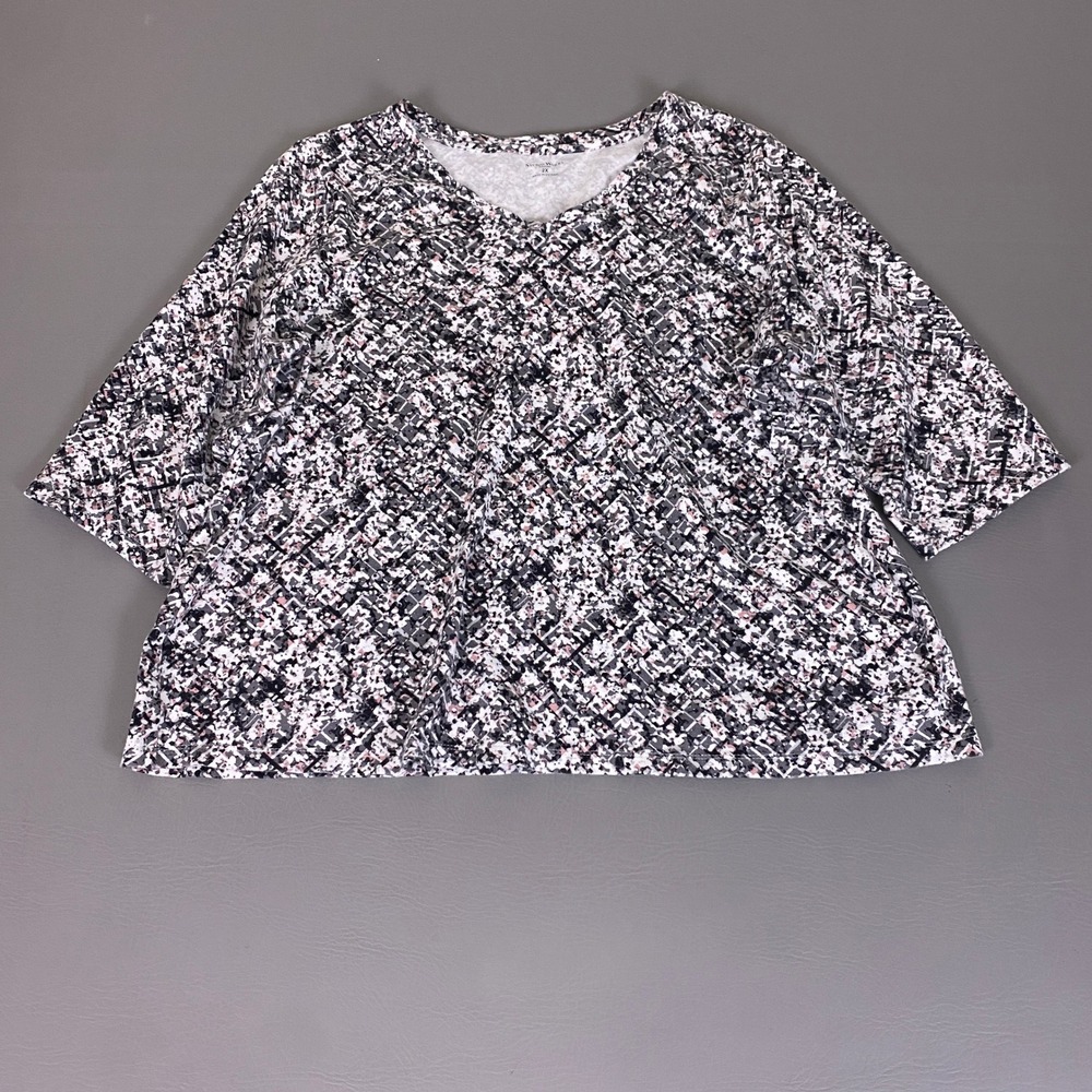 Studio Works Blouse Top Women 2X V-Neck 3/4 Sleeve Abstract Geometric Black Pink
